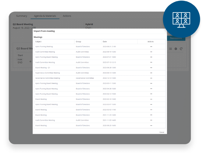 agenda builder from Aprio helps you import an agenda template from another meeting