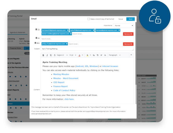 Agenda builder allows you to email out your agenda to board members and give secure access to documents