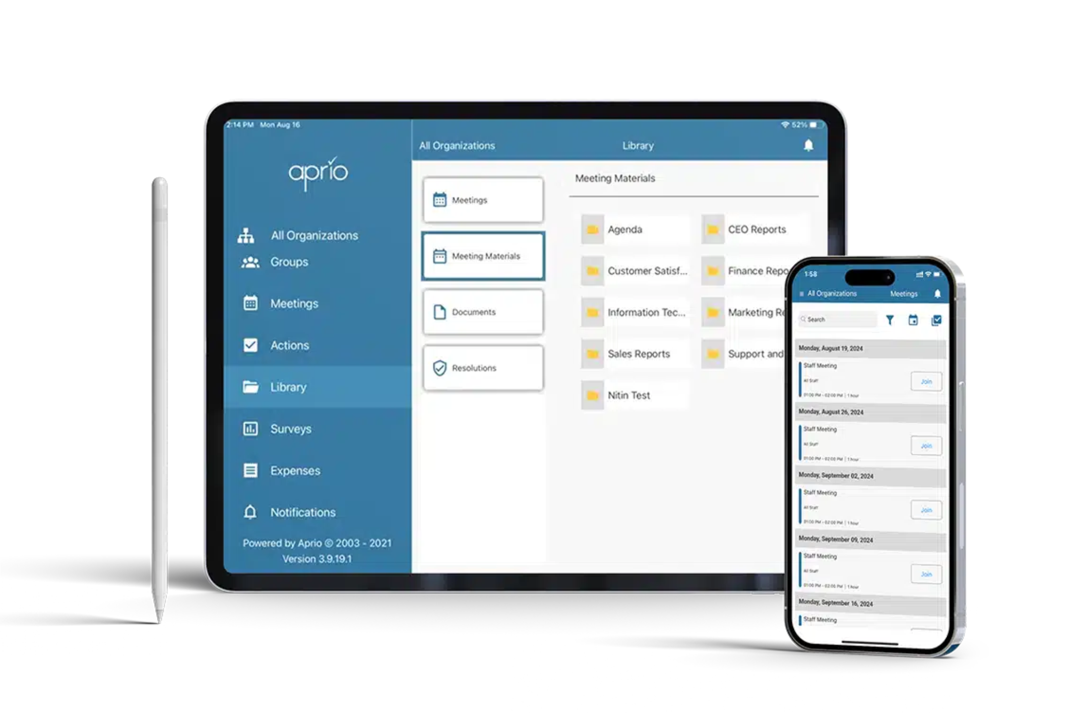 Screenshot of Aprio board portal dashboard to manage agendas, documents, and governance tasks.