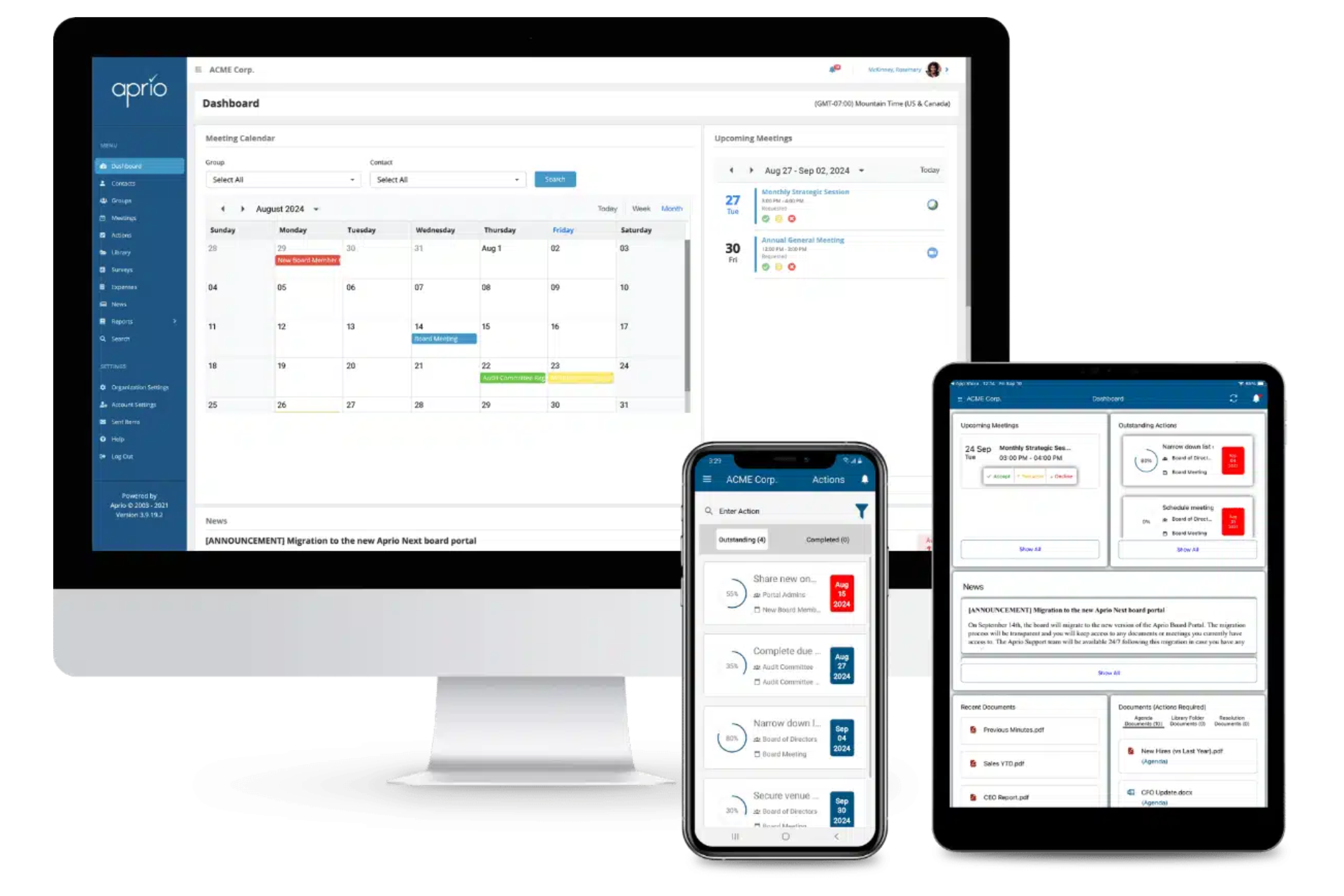 Screenshot of Aprio Board Portal dashboard displaying features for managing nonprofit board governance.