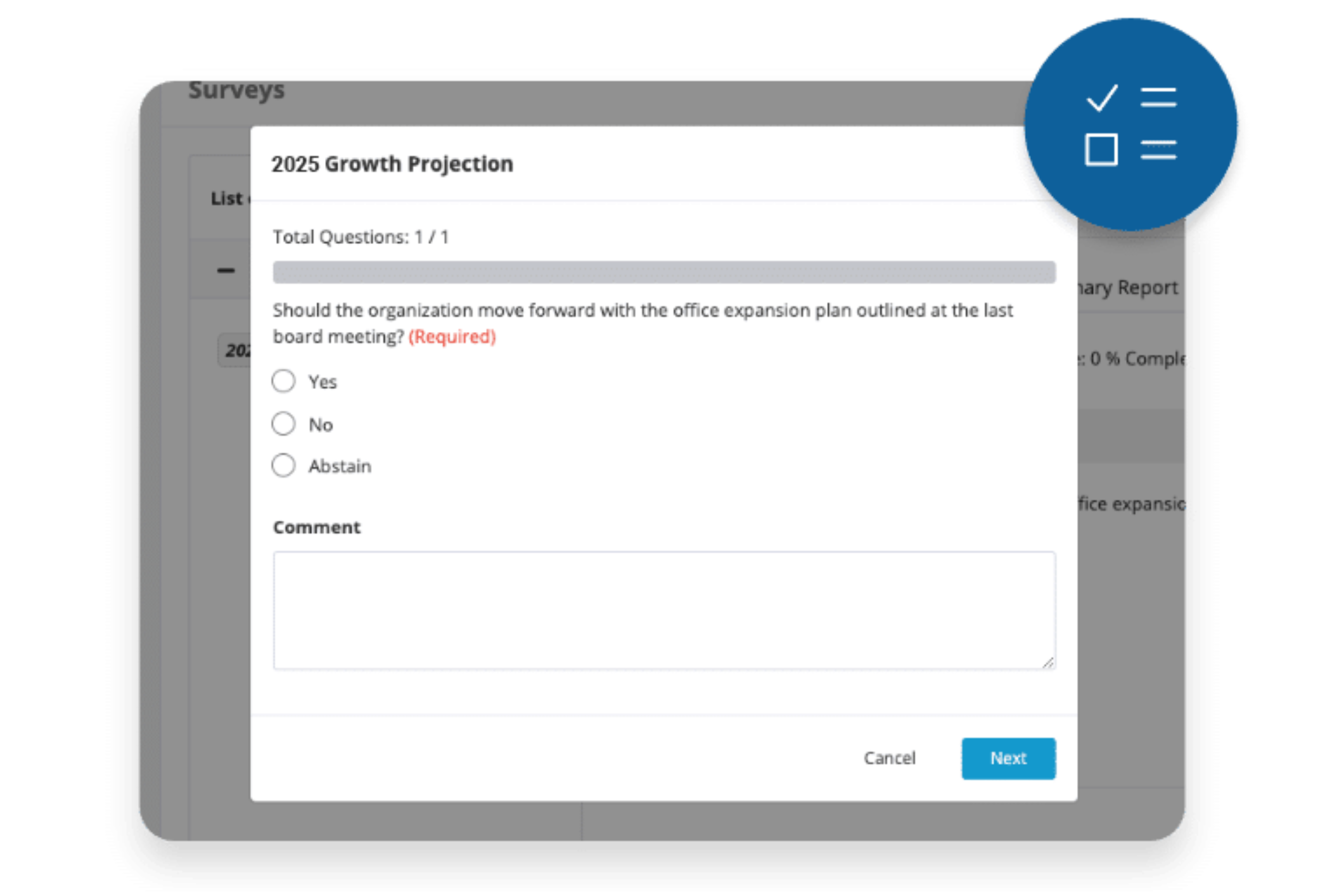 Screenshot showing Aprio board portal's online voting features to cast and track votes.