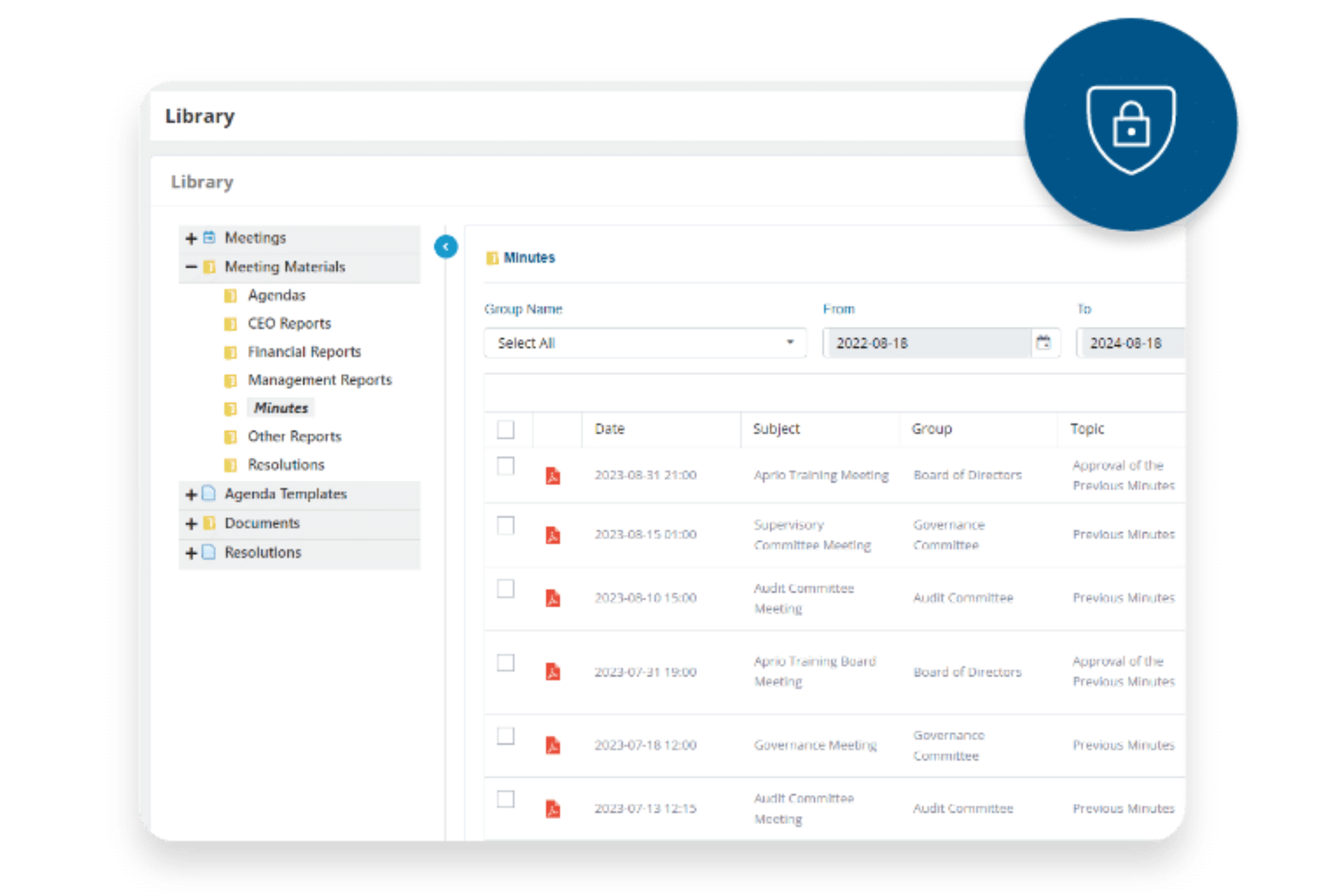 Screenshot of Aprio minute builder to record board meeting minutes and manage related documents.