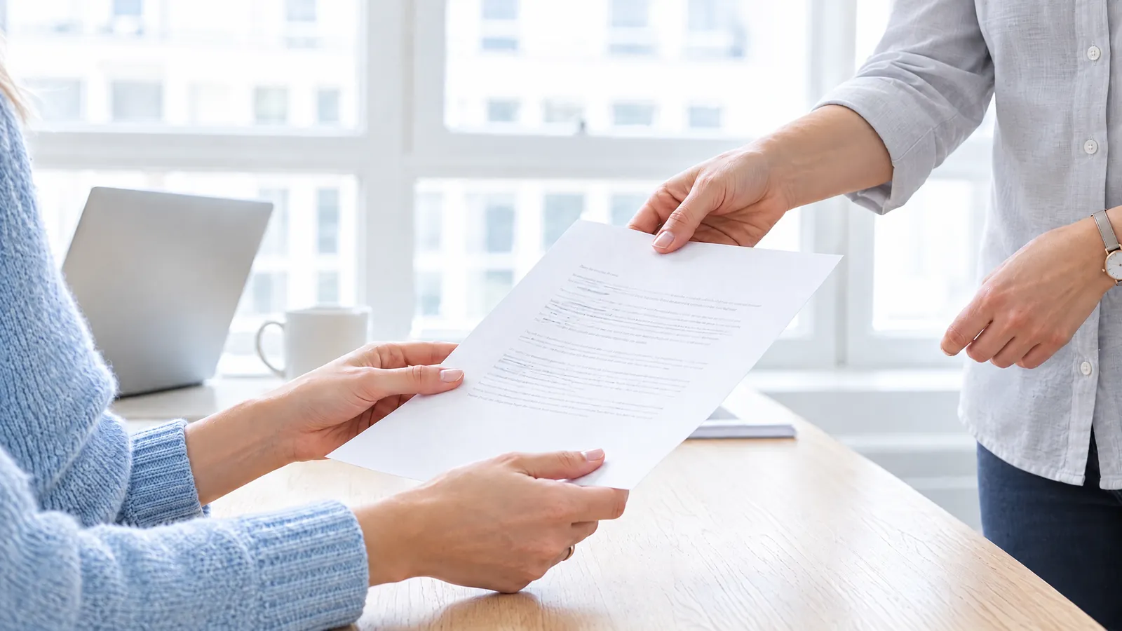 A colleague hands a printed board resolution across a desk for review.